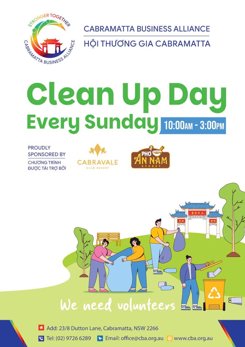 Cabramatta Business Alliance Clean Up Day poster showing the CBA logo, community supporters and volunteers collecting litter